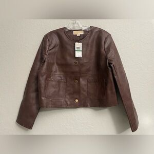 Michael Kors Faux Saddle Brown Leather Button Cropped Jacket -Size Petite Large